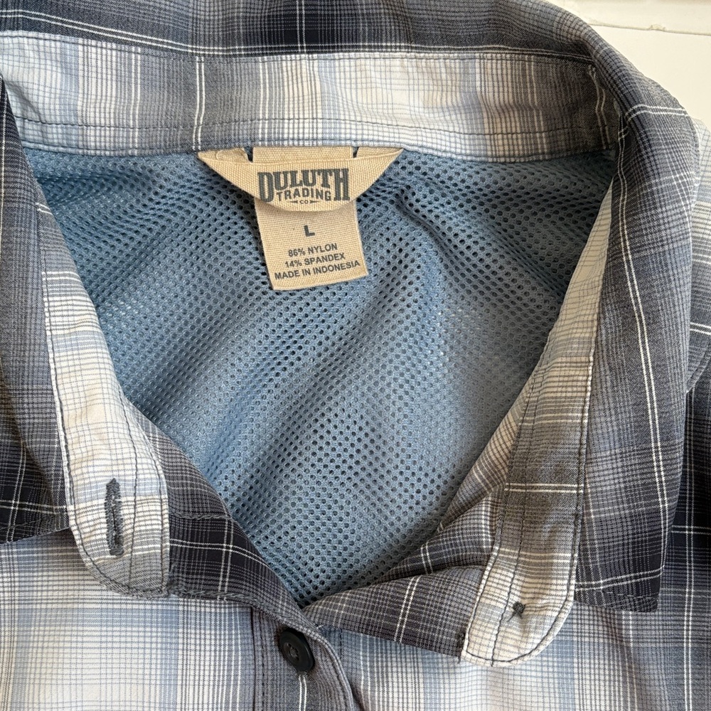 Ladies Duluth Trading Quick Dry Sun Protection Blue/Gray Plaid Shirt Size L - Picture 8 of 11